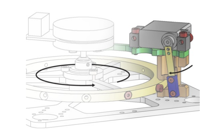 Figura 4 : El dibujo CAD del mecanismo de frenado basado en servo RC: Se usa un servo RC para hacer chocar rÃ¡pidamente una barrera de metal (azul) con la cabeza del perno (roja) unida a la rueda de impulso